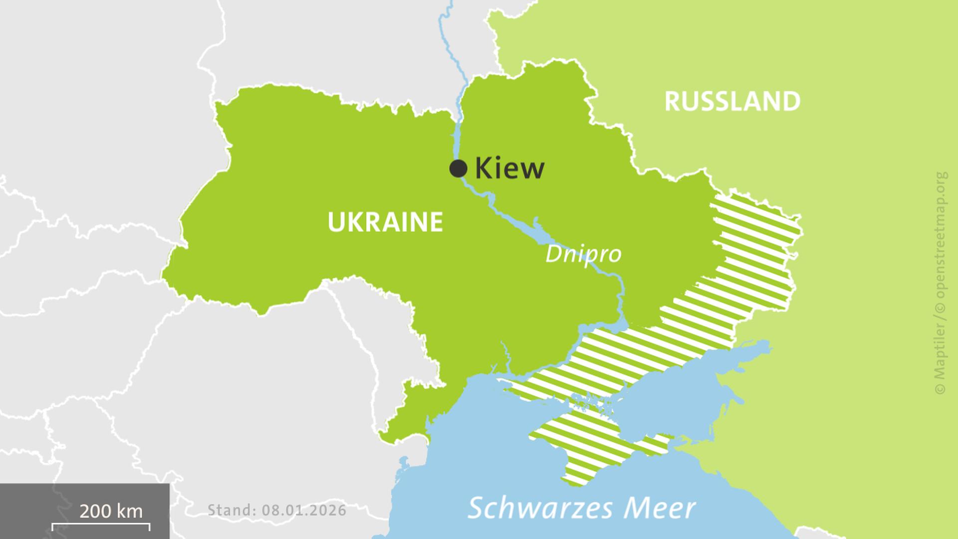 Karte der Ukraine und Russlands, hell schraffiert: von Russland besetzte Gebiete | ISW, Critical Threats Project | Stand: 08.01.2026
