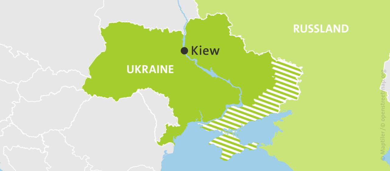 Karte der Ukraine und Russlands, hell schraffiert: von Russland besetzte Gebiete