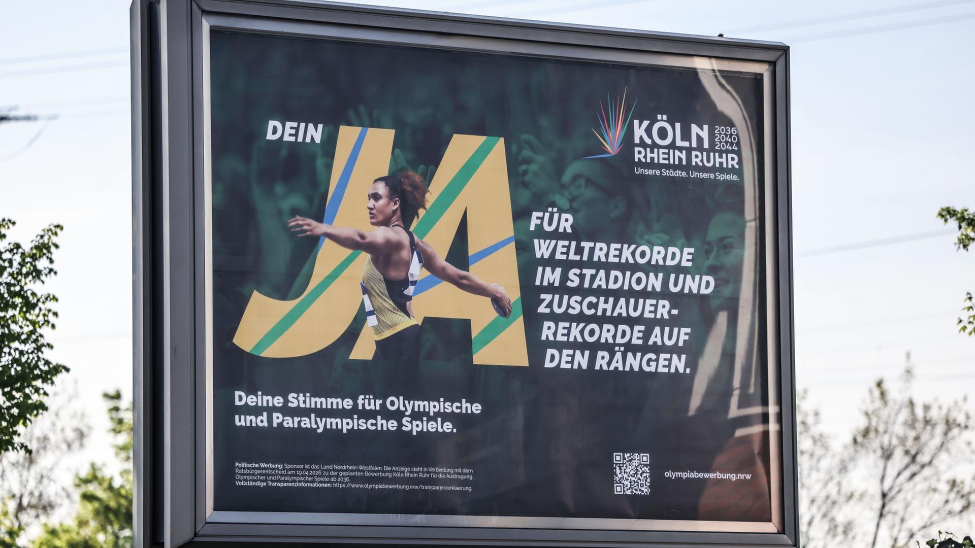 Ein Plakat wirbt für die Abstimmung in Nordrhein-Westfalen über die Austragung der Olympischen Spiele. | Oliver Berg/dpa