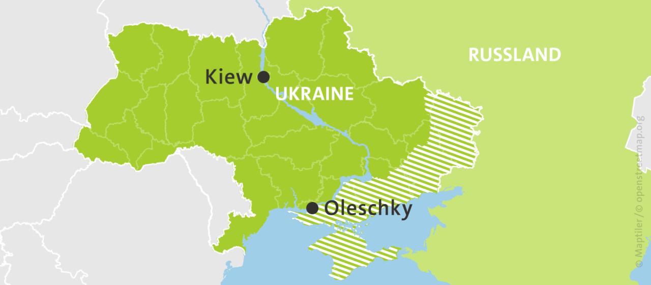 Karte: Ukraine und Russland, hell schraffiert: von Russland besetzte Gebiete.