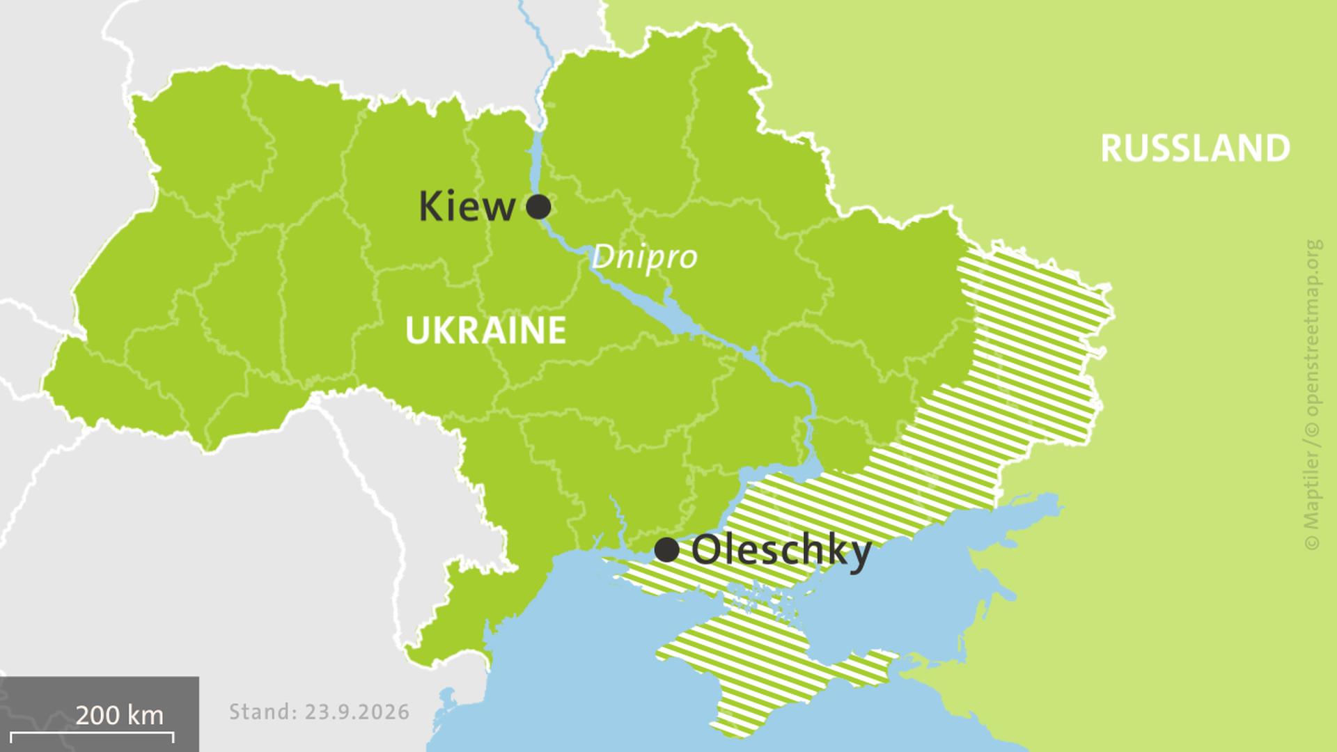 Karte: Ukraine und Russland, hell schraffiert: von Russland besetzte Gebiete. | ISW, Critical Threats Project | Stand: 23.9.2026