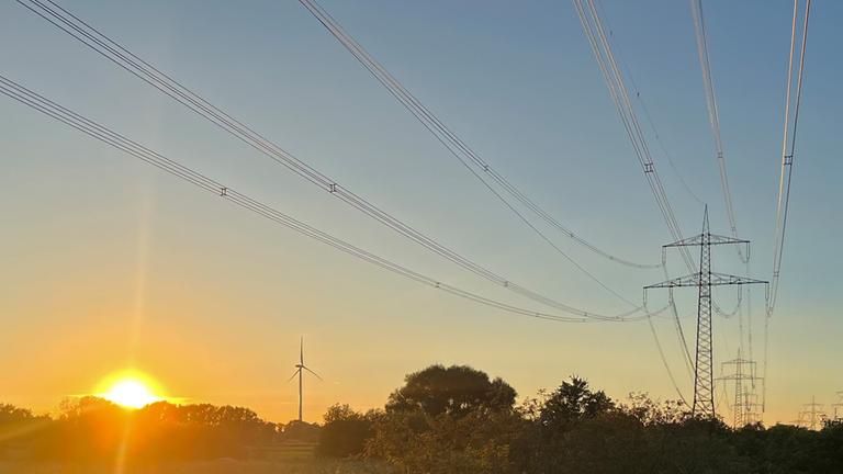 Strommasten stehen im Bucher Forst in Brandenburg neben einem Windrad im Sonnenuntergang. 