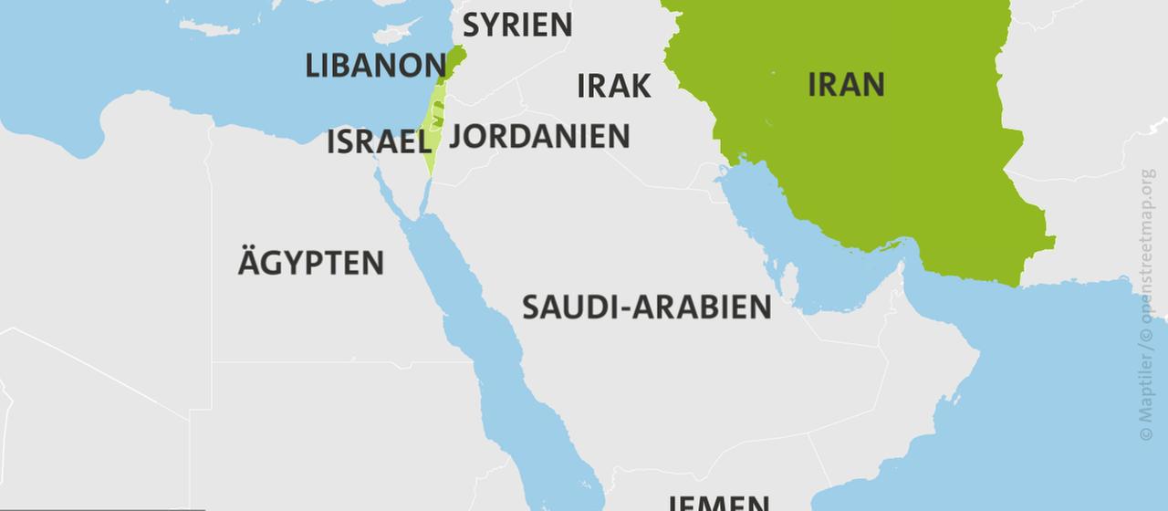 Karte mit Israel, Libanon, Iran,  Syrien, Irak, Jemen, Jordanien, Ägypten und Saudi Arabien