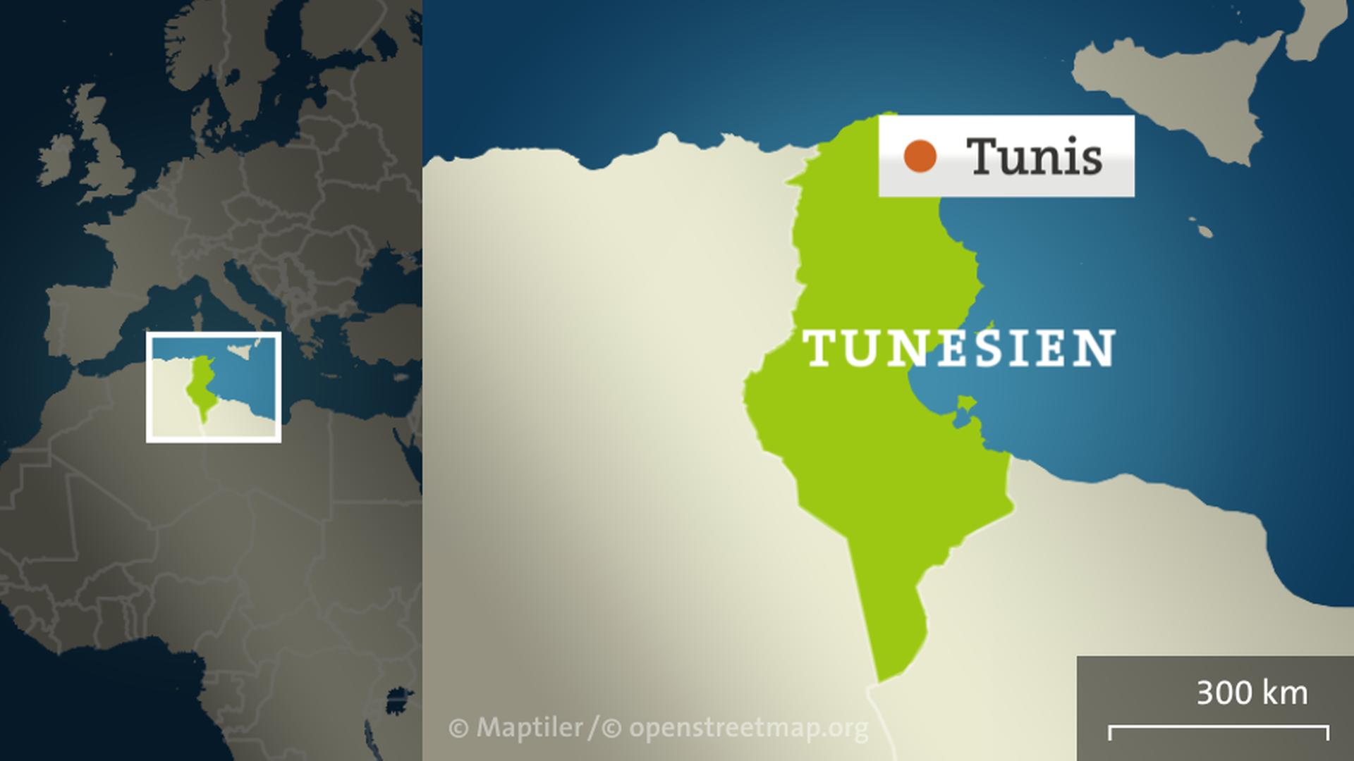 Die Karte zeigt Tunesien mit der Hauptstadt Tunis. | ARD-aktuell