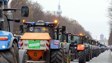 Ein lange Reihe Traktoren in Berlin  (18.12.2023) 