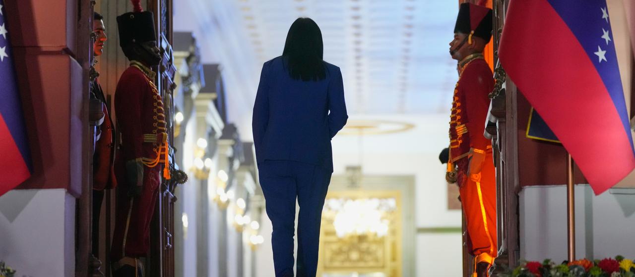 Venezuelas Übergangspräsidentin Delcy Rodríguez auf dem zum Miraflores-Palast in Caracas