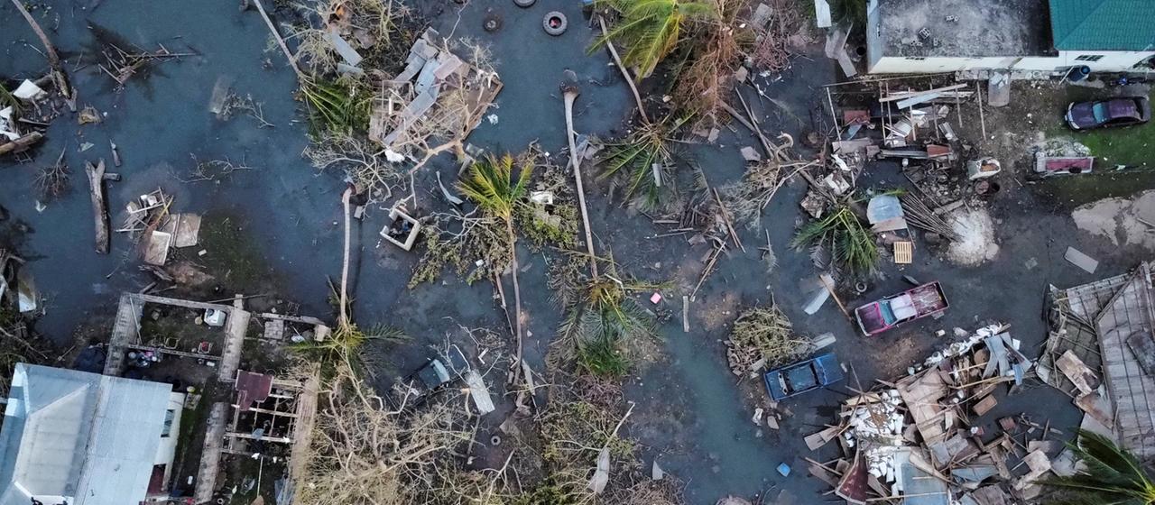 Drone view of destroyed buildings in Jamaica.