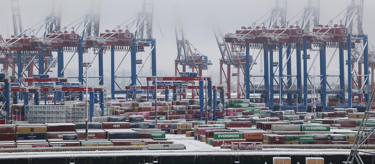 Container und Krananlagen am Terminal Burchardkai im Hamburger Hafen.