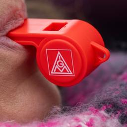 Eine Frau hat eine Trillerpfeife mit dem Logo der IG Metall im Mund.