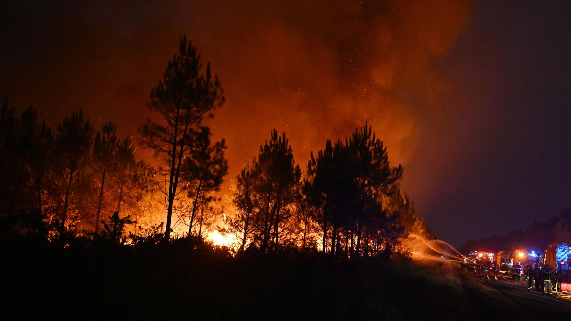Feuerwehrleute bekämpfen während der Waldbrände im Südwesten Frankreichs einen Brand außerhalb von Lanton. | Emma Da Silva/AP/dpa