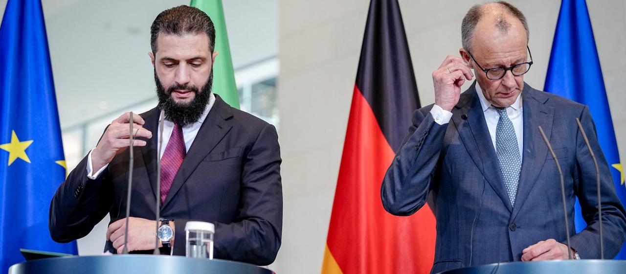 Friedrich Merz und Ahmed al-Scharaa auf einer Bühne