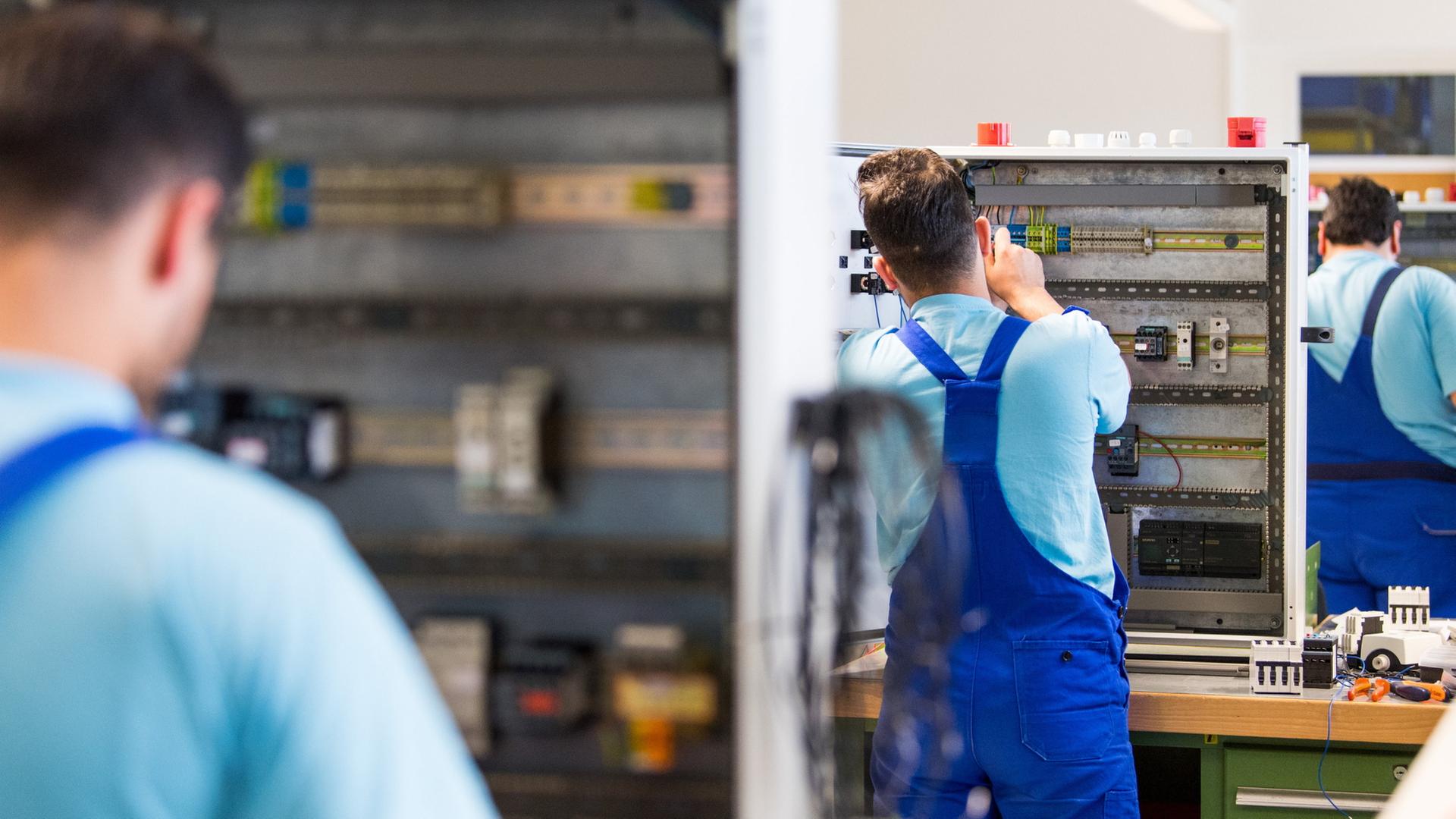 Drei junge Flchtlinge arbeiten im Ausbildungszentrum der Siemens Professional Education an der Verdrahtung eines Schaltschranks. | dpa