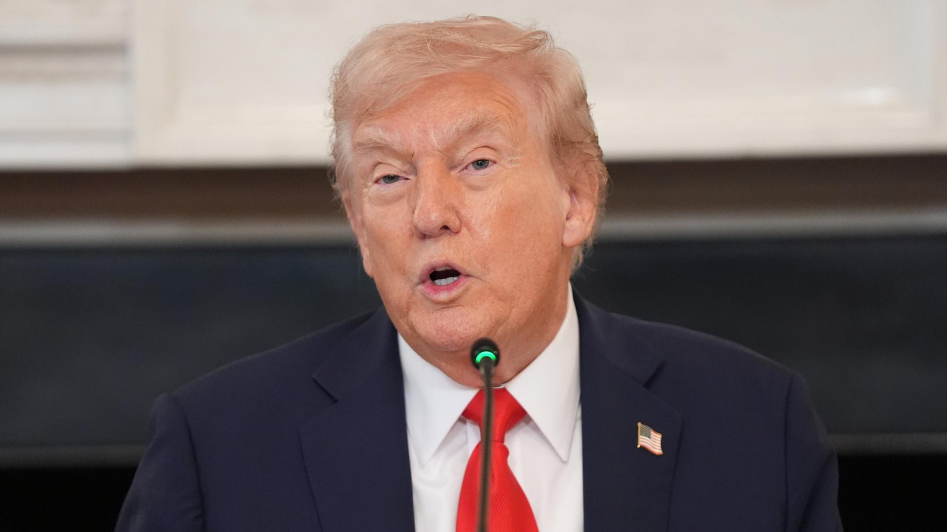 Donald Trump spricht bei einer Pressekonferenz in einer Mikrofon. | AP