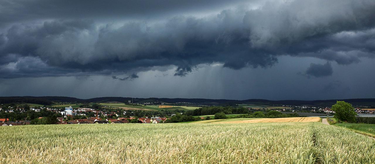 Gewitterzelle mit dunklen Wolken über einem Feld