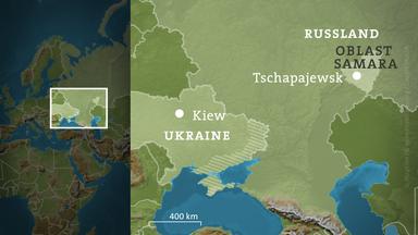 Karte mit Russland, Oblast Samara, der Stadt Tschapajewsk, der Ukraine und der Hauptstadt Kiew