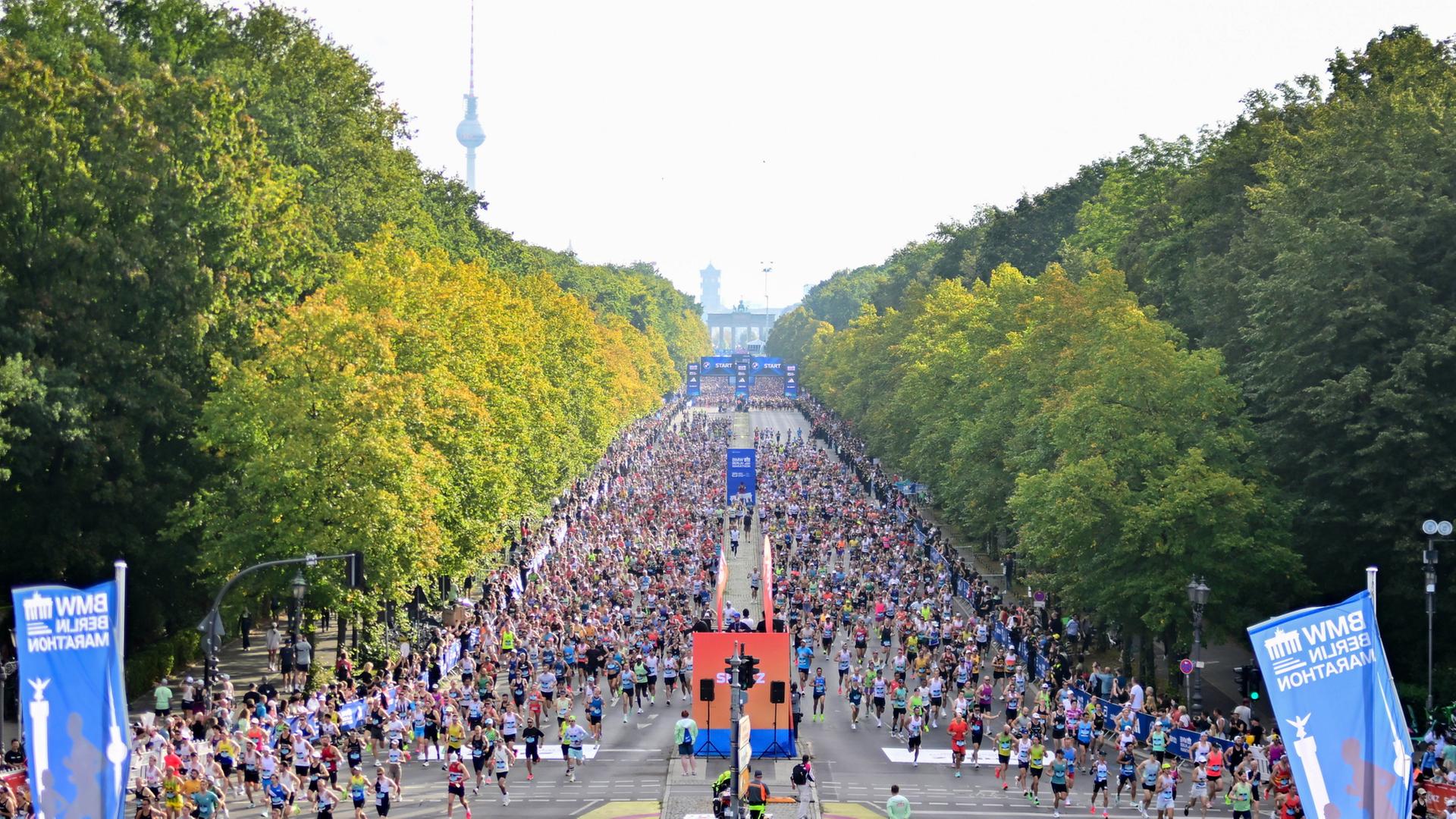 Läufer laufen auf der Straße des 17. Juni auf die Siegessäule in Berlin zu. | Sebastian Christoph Gollnow/dpa
