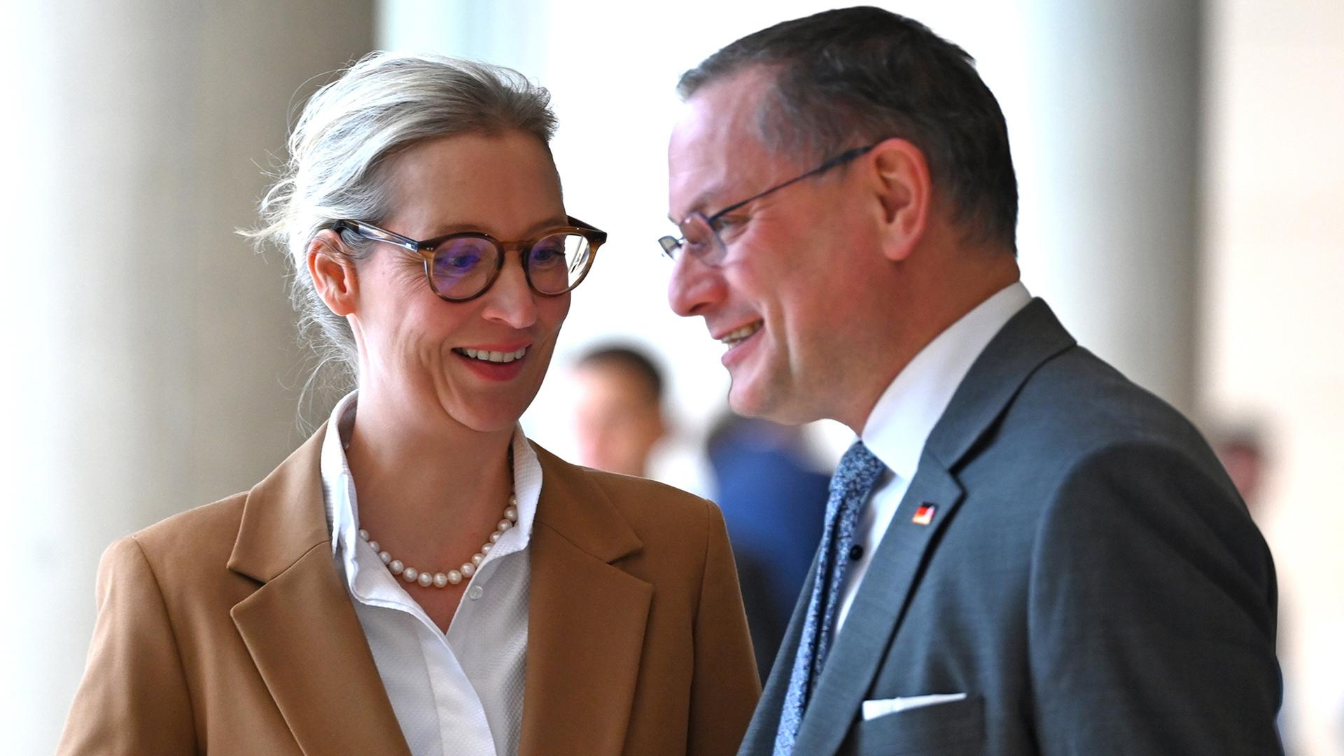 Alice Weidel unterhält sich mit Tino Chrupalla. | dpa