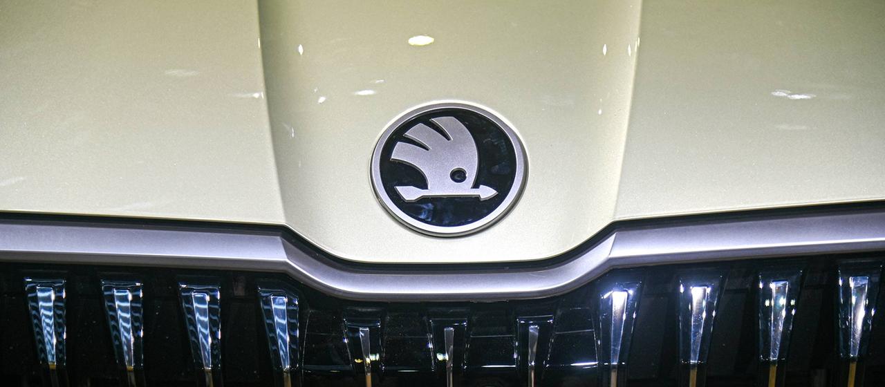 Skoda Logo auf der Motorhaube eines Skoda-Fahrzeugs.