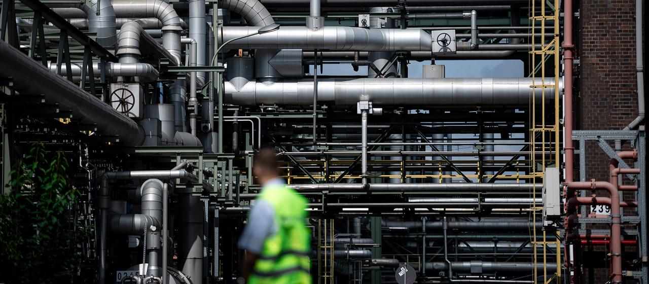 Ein Mitarbeiter des Werkschutzes steht vor Rohren auf dem Gelände eines Chemieparks.