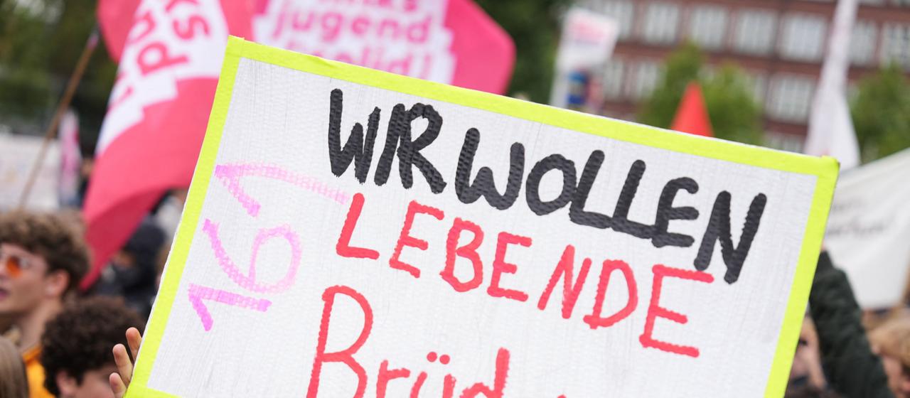 Menschen demonstrieren mit einem Schild beim Schulstreik.