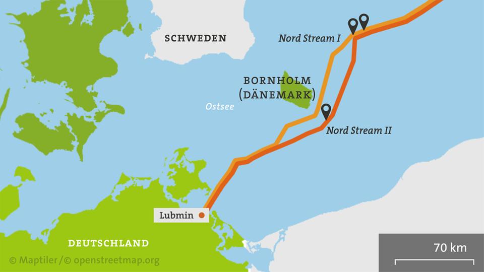 Karte von Bornholm mit den Pipelines Nord Stream 1 und 2