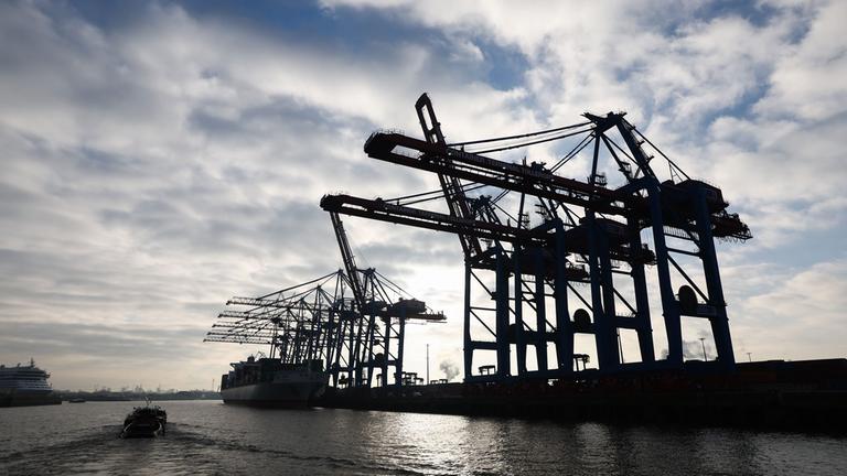 Ein Containerschiff liegt am Terminal Tollerort der Hamburger Hafen und Logistik AG.