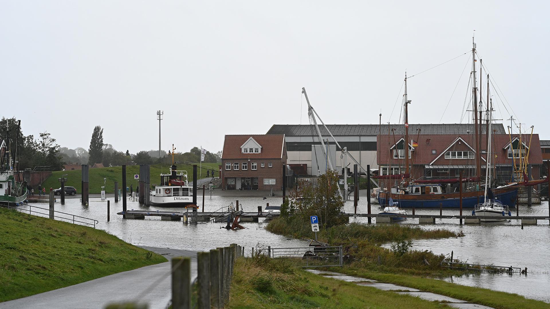 Der überflutete Außenhafen von Ditzum, Niedersachsen | dpa