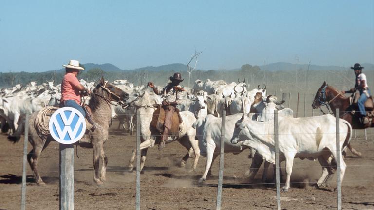 Gauchos zu Pferd treiben Rinder vor einem Pferch zusammen, vorn auf einem Pfahl das VW-Logo. (Aufnahme um 1978).
