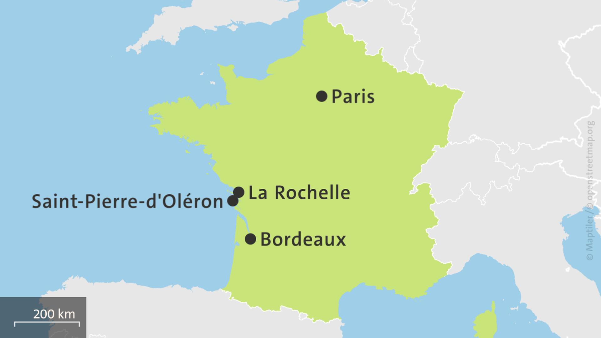 Karte Frankreich mit den Orten Saint-Pierre-d'Oléron, Bordeaux und Paris | ARD-Aktuell