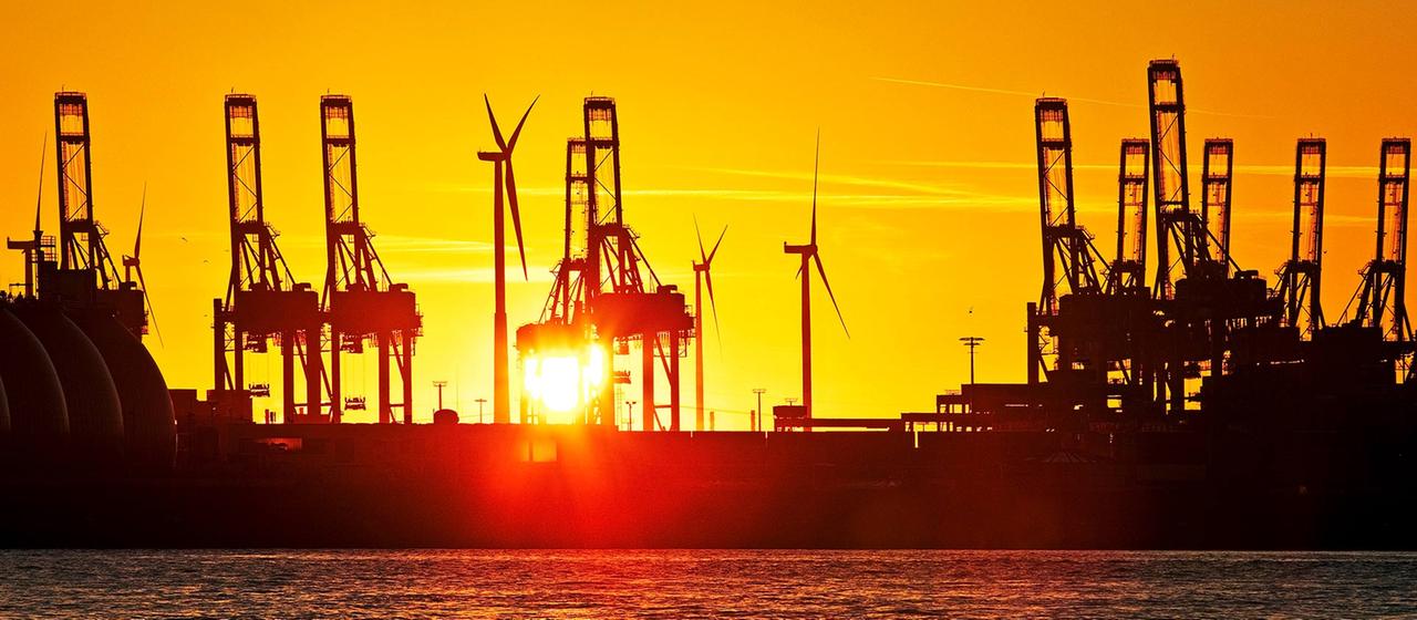 Verladekräne am Containerterminal bei Sonnenuntergang, Hamburger Hafen.