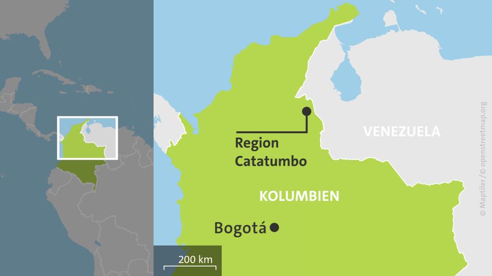 Die Karte zeigt Kolumbien mit Bogotá und der Region Catatumbo