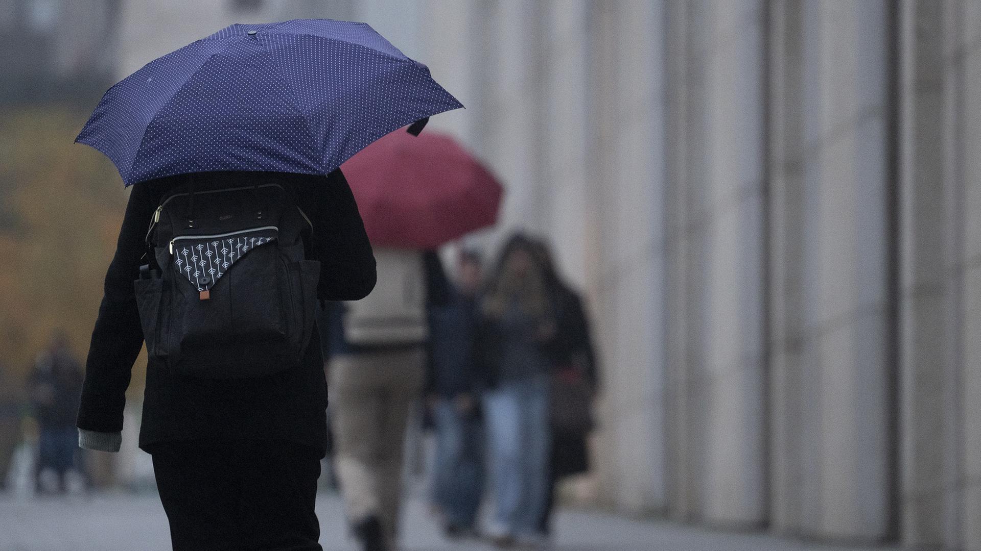 Passanten mit Regenschirmen gehen eine Straße in der Innenstadt von Stuttgart entlang. | dpa