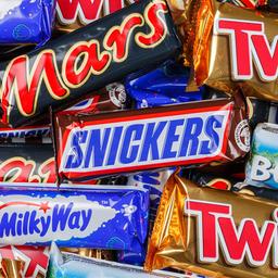 Verschiedene Schokoladenbars: Mars, Twix, Milkyway, Bounty.