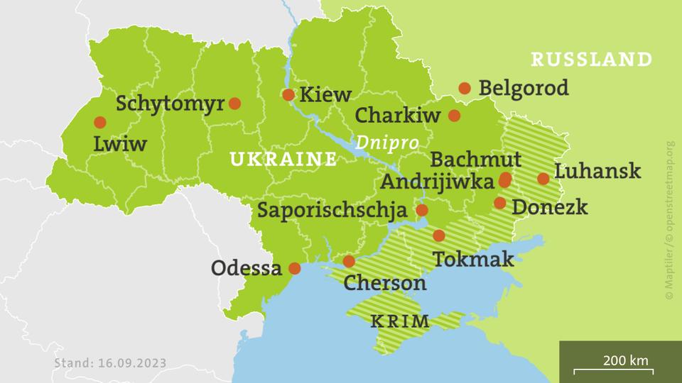 Karte Ukraine, schraffiert: von Russland besetzte Gebiete