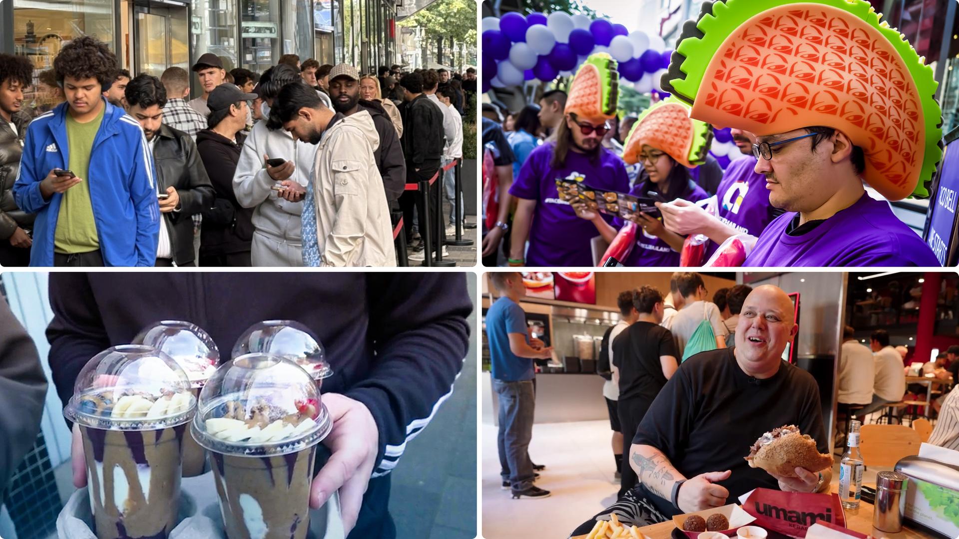 Eine Collage mit vier Bildern, die Menschen in und vor Gastrofilialen zeigen. | WDR