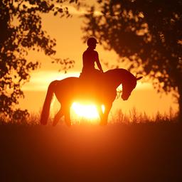 Eine Reiterin auf einem Pferd bei Sonnenaufgang im Gegenlicht.