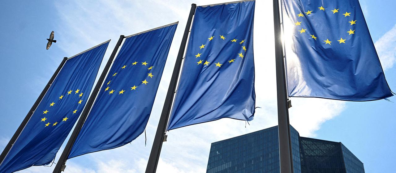 EU-Flaggen wehen im Wind.