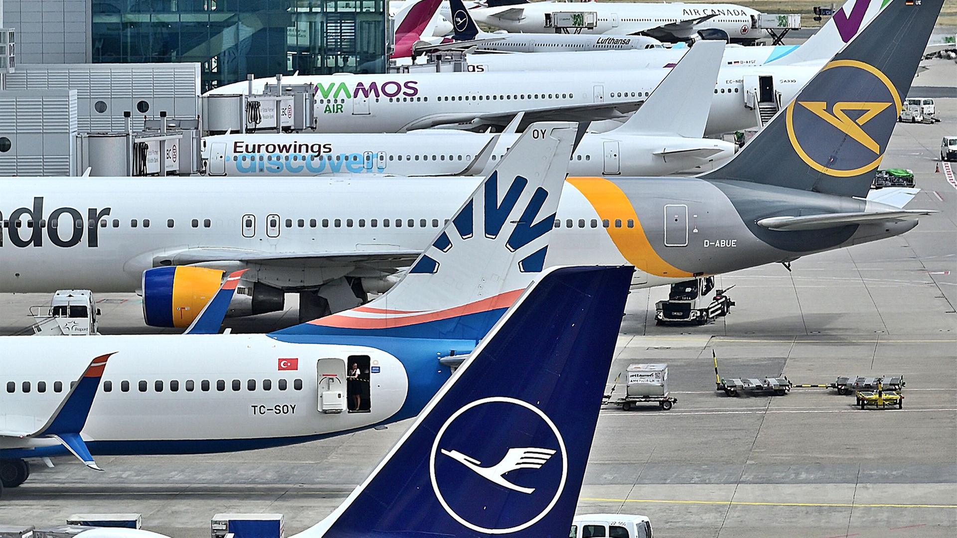 Flugzeuge verschiedener Airlines während der Abfertigung am Frankfurter Flughafen Fraport. | picture alliance / Daniel Kubirs