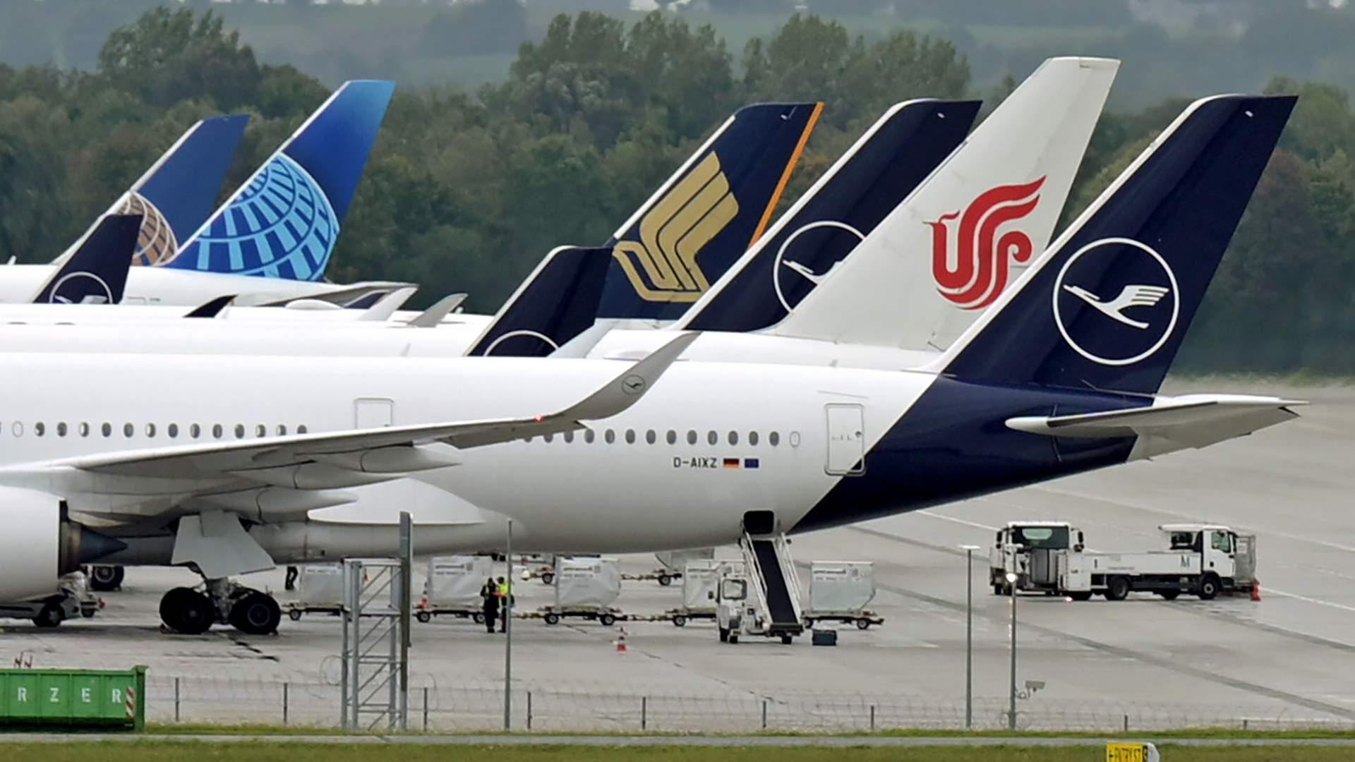 Flugzeuge von United Airlines, Singapore Airlines, Air China und Lufthansa. | picture alliance/dpa/Malin Wunde