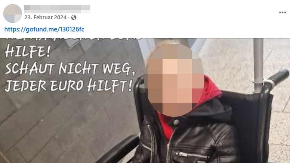 Screenshot eine Facebookeintrags, auf dem ein (verpixeltes Gesicht) Kind im Rollstuhl zu sehen ist. Daneben steht "Hilfe! Schaut nicht weg! Jeder Euro hilft!".