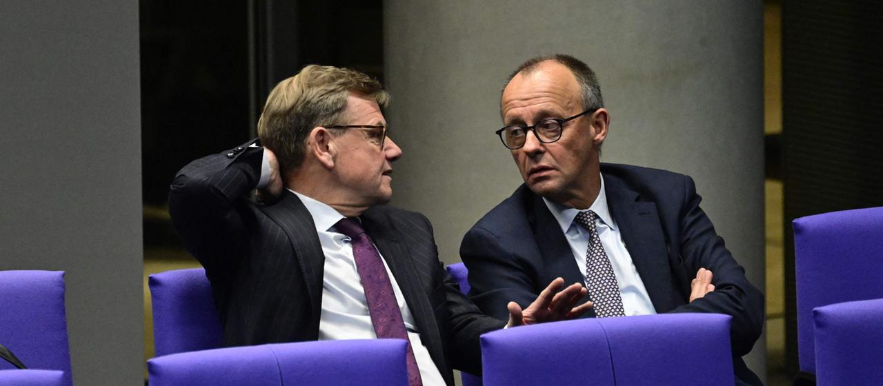 Friedrich Merz und Johann Wadephul unterhalten sich.