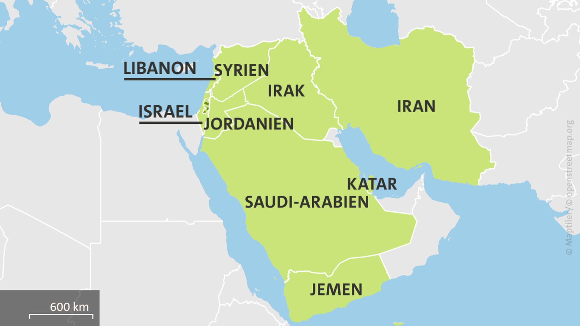 Karte mit Saudi-Arabien, Jemen, Katar, Iran, Israel, Jordanien, Syrien | ARD-aktuell