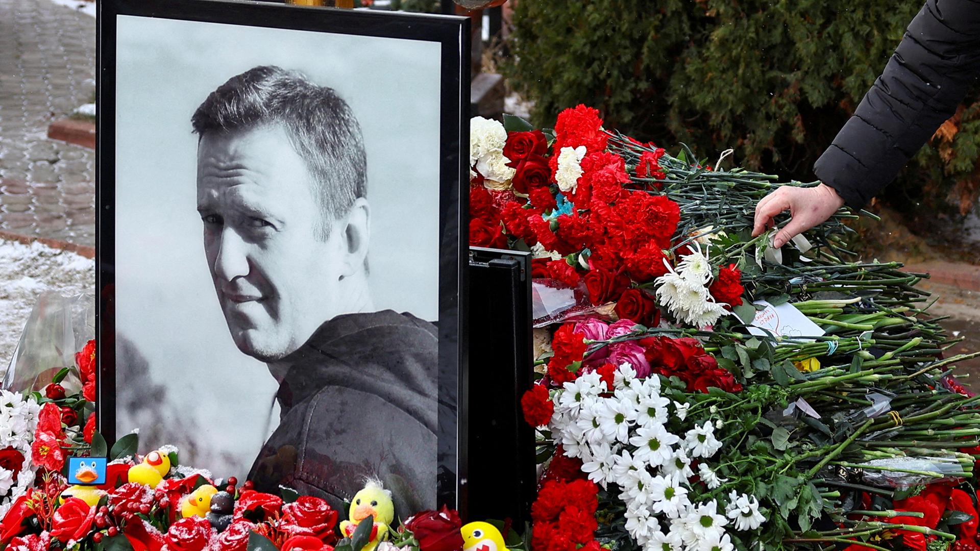 Blumen liegen neben einem Foto von Alexej Nawalny an dessen Grab in Moskau. | REUTERS