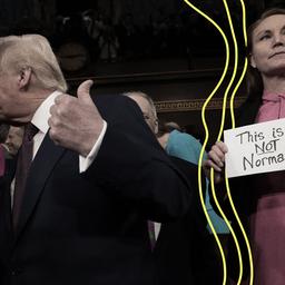 US-Präsident Donald Trump steht im Kongresses und zeigt einen Daumen hoch. Abgeordnete Melanie Stansbury (Demokratin, New Mexico) hält ein Schild mit der Aufschrift 