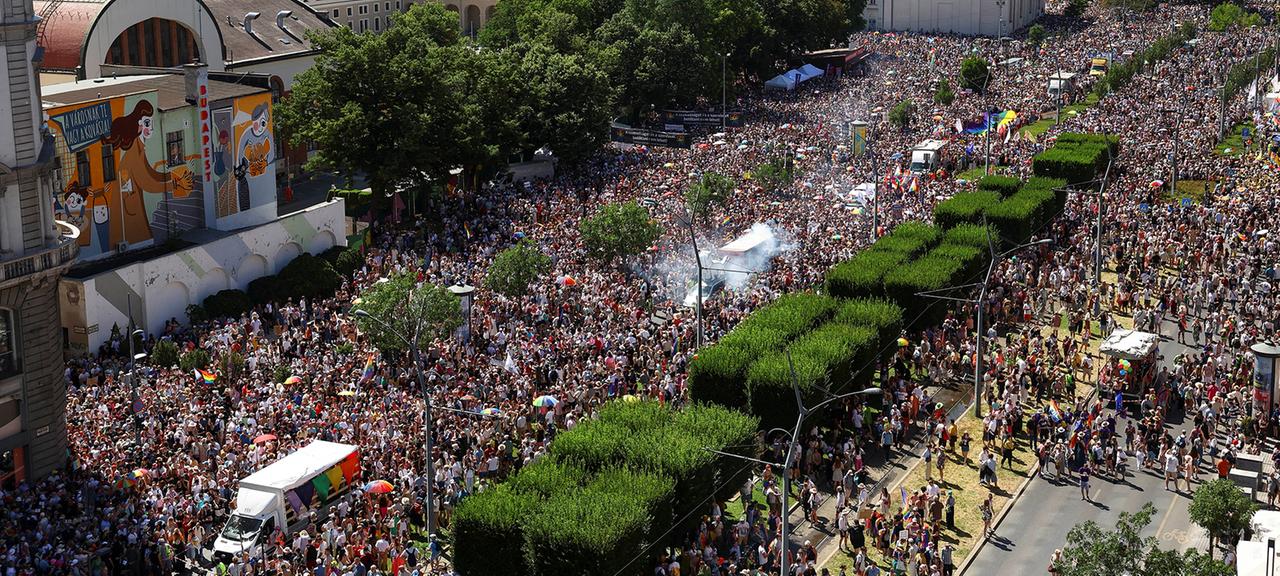 Aufsicht auf den "Budapest Pride March" in Ungarn. | REUTERS Aufsicht auf den "Budapest Pride March" in Ungarn.