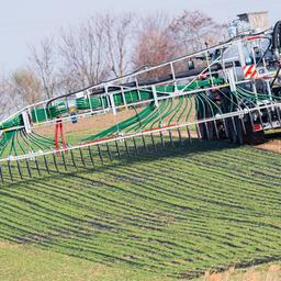 Ein Landwirt düngt mithilfte der Schleppschlauchtechnik ein Feld.