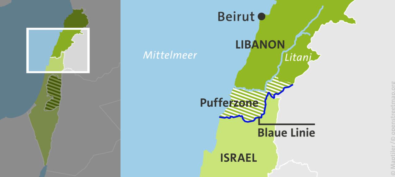 Karte mit Libanon, Israel, Blaue Linie, Pufferzone