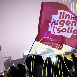 Demonstranten mit Fahnen von der links jugend solid