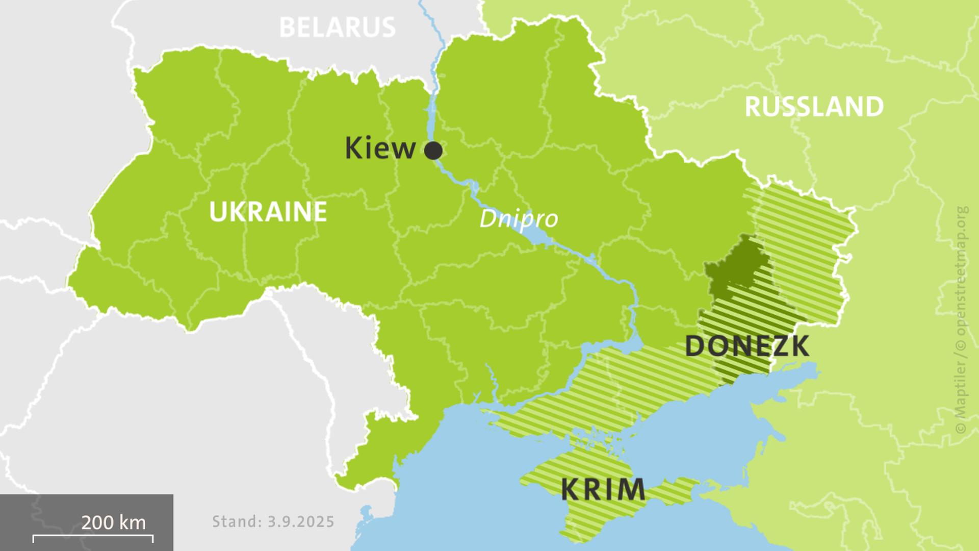 Karte der Ukraine und Russlands, hell schraffiert: von Russland besetzte Gebiete | ISW, Critical Threats Project | Stand: 03.09.2025