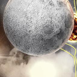 Die Erde, Die Sonne und der Mond sind diagonal zueinander im Weltraum zu sehen.